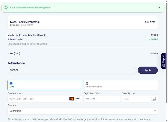 Mochi Health checkout page showing Mochi Health coupon code box | Screenshot taken by SimplyCodes community member on Jul 16, 2025