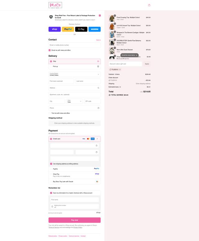 MOCO Boutique checkout page showing MOCO Boutique coupon code box | Screenshot taken by SimplyCodes community member on Sep 12, 2025