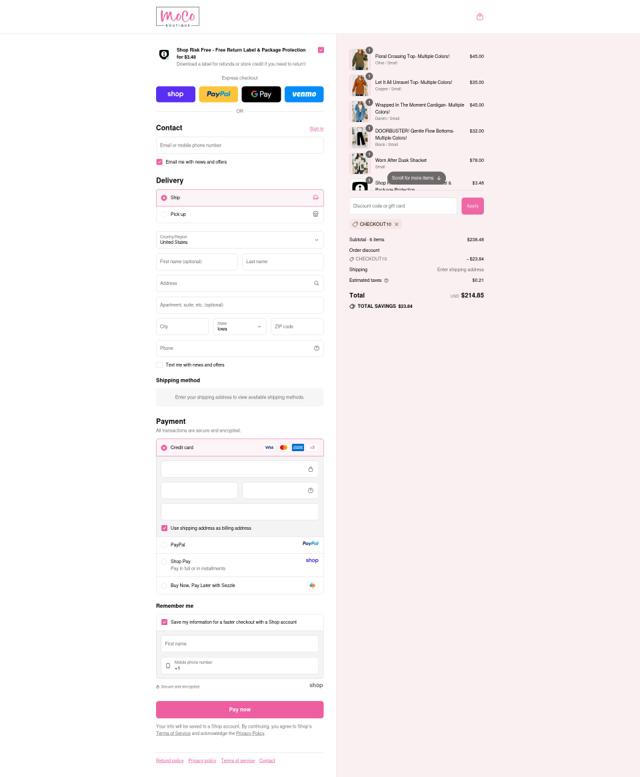 MOCO Boutique checkout page showing MOCO Boutique coupon code box | Screenshot taken by SimplyCodes community member on Sep 12, 2025