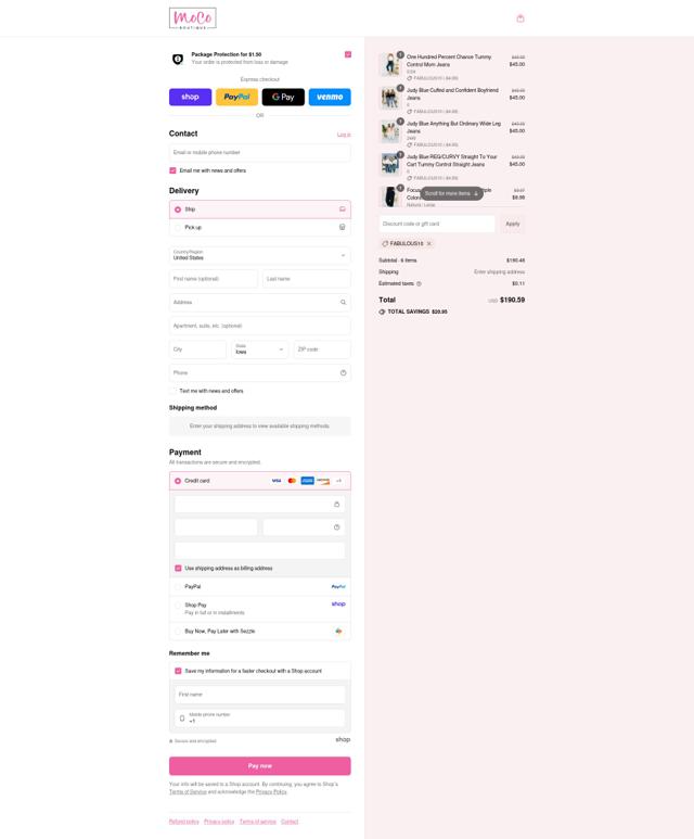 MOCO Boutique checkout page showing MOCO Boutique coupon code box | Screenshot taken by SimplyCodes community member on Sep 8, 2025