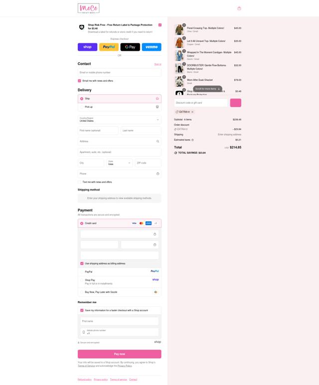 MOCO Boutique checkout page showing MOCO Boutique coupon code box | Screenshot taken by SimplyCodes community member on Sep 12, 2025