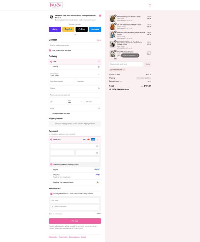MOCO Boutique checkout page showing MOCO Boutique coupon code box | Screenshot taken by SimplyCodes community member on Sep 12, 2025