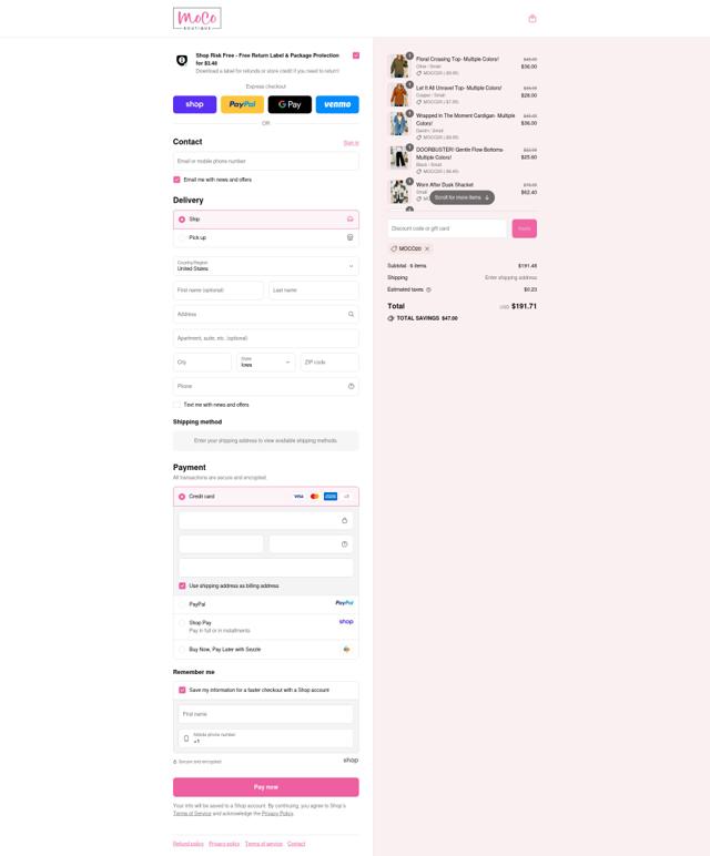 MOCO Boutique checkout page showing MOCO Boutique coupon code box | Screenshot taken by SimplyCodes community member on Sep 12, 2025