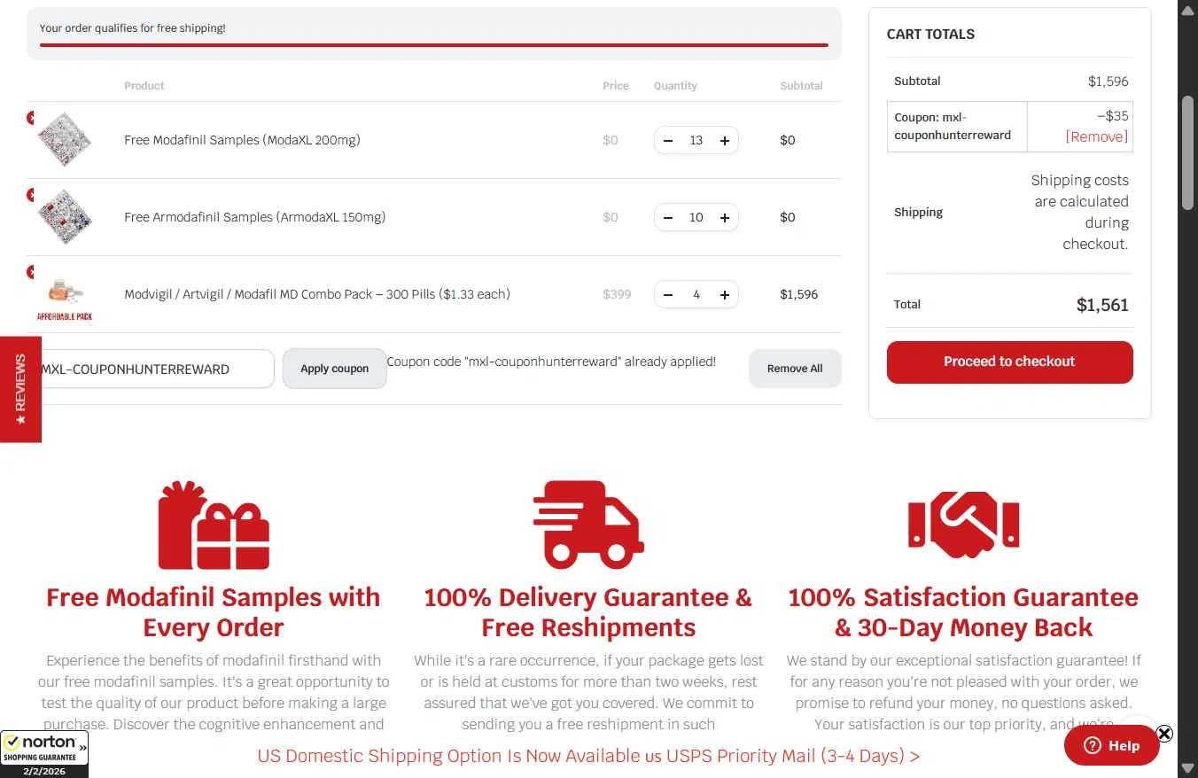 ModafinilXL checkout page showing ModafinilXL discount code box | Screenshot taken by SimplyCodes community member on Feb 2, 2026