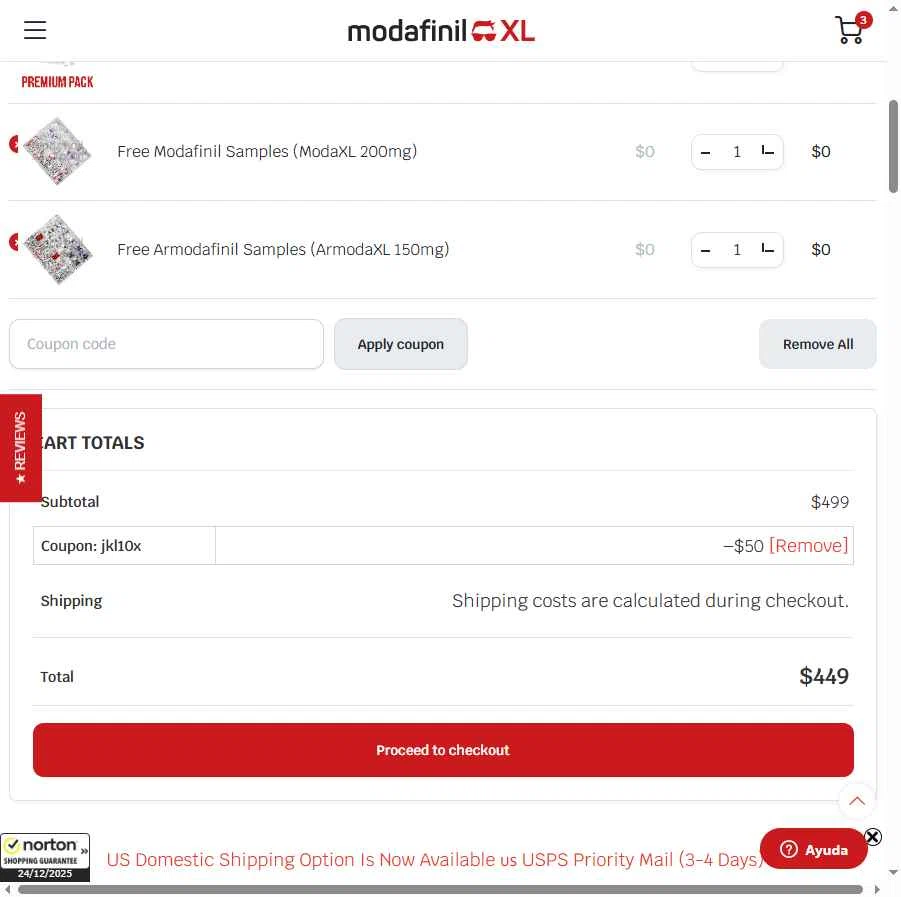 ModafinilXL checkout page showing ModafinilXL discount code box | Screenshot taken by SimplyCodes community member on Dec 24, 2025
