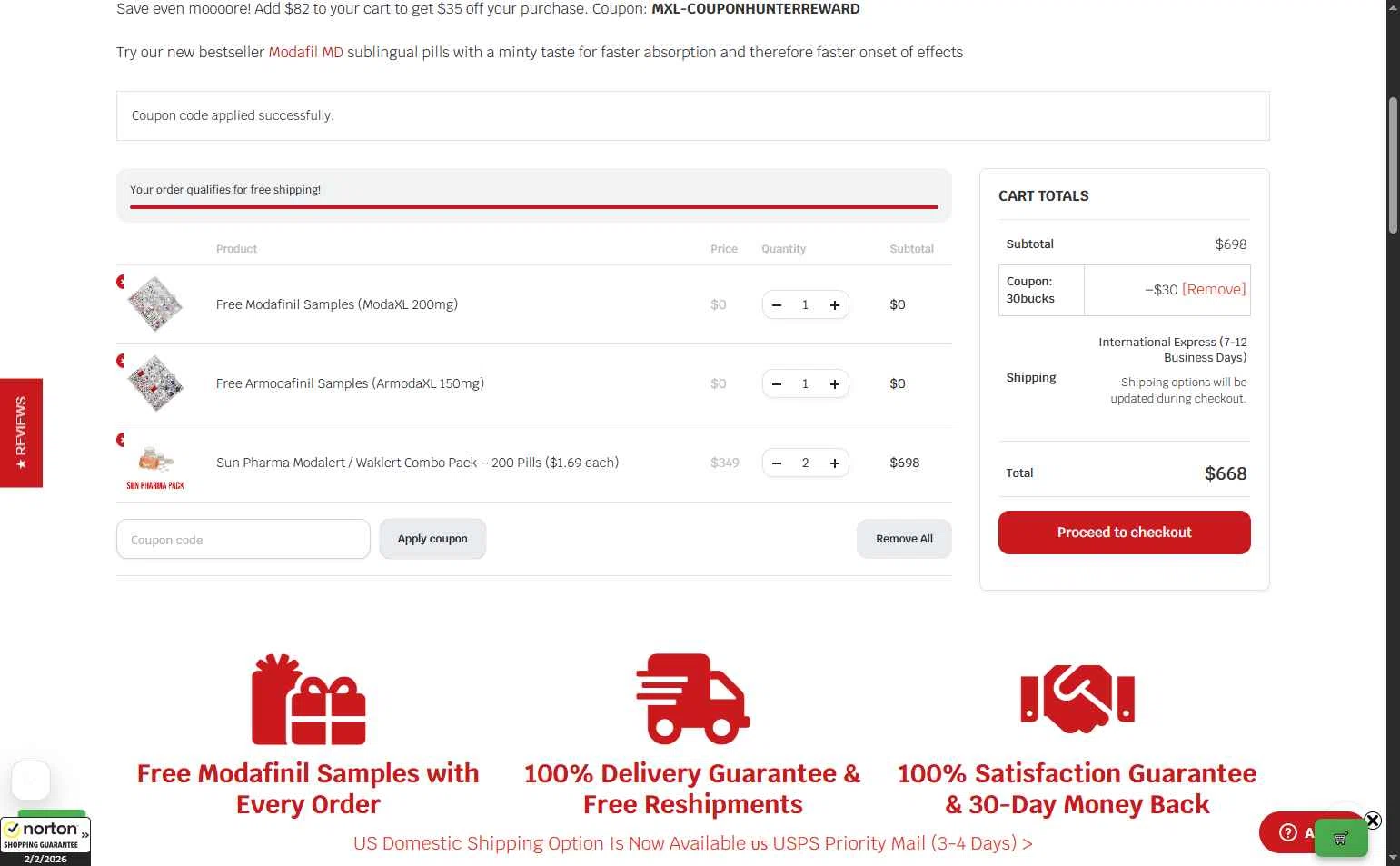ModafinilXL checkout page showing ModafinilXL discount code box | Screenshot taken by SimplyCodes community member on Feb 2, 2026