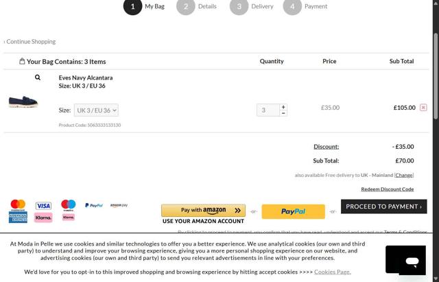 Moda in Pelle checkout page showing Moda in Pelle discount code box | Screenshot taken by SimplyCodes community member on Aug 20, 2025