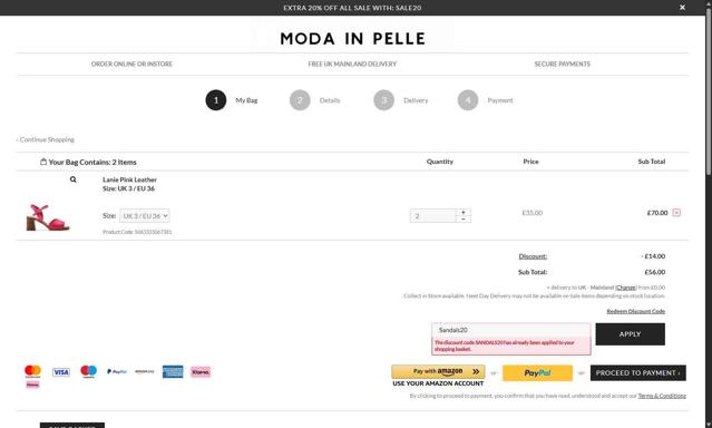 Moda in Pelle checkout page showing Moda in Pelle discount code box | Screenshot taken by SimplyCodes community member on Sep 12, 2025