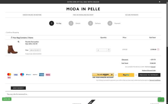 Moda in Pelle checkout page showing Moda in Pelle discount code box | Screenshot taken by SimplyCodes community member on Sep 9, 2025