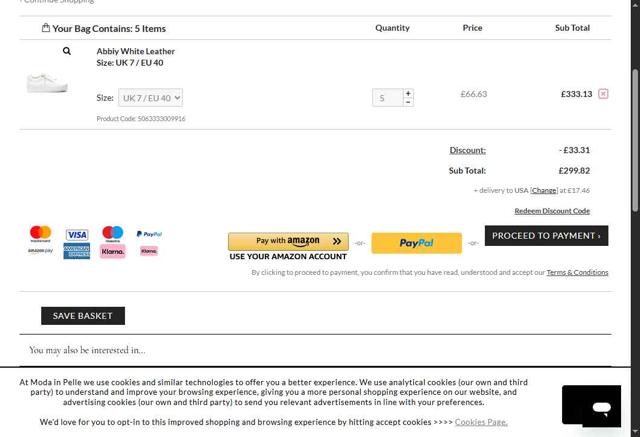 Moda in Pelle checkout page showing Moda in Pelle discount code box | Screenshot taken by SimplyCodes community member on Aug 11, 2025