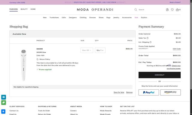 Moda Operandi checkout page showing Moda Operandi promo code box | Screenshot taken by SimplyCodes community member on Sep 13, 2025