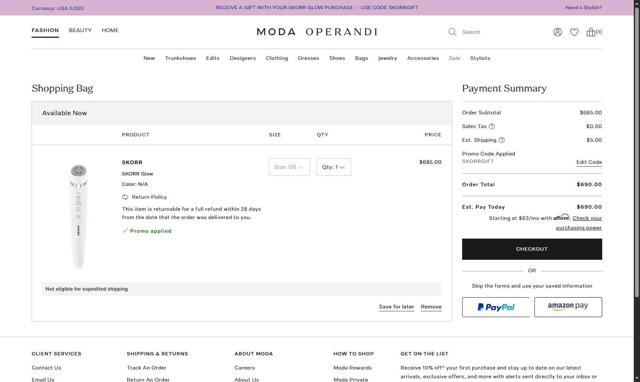Moda Operandi checkout page showing Moda Operandi promo code box | Screenshot taken by SimplyCodes community member on Sep 2, 2025