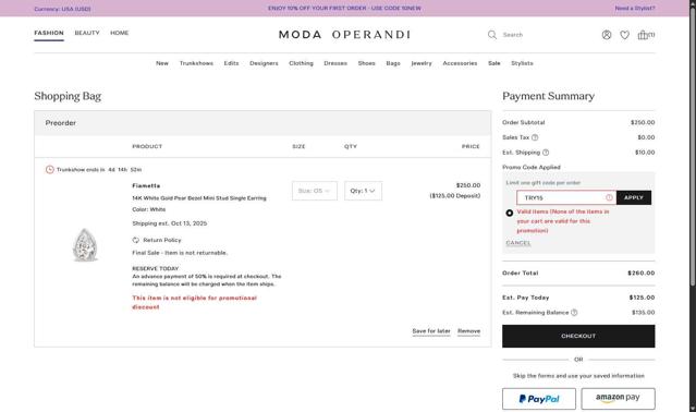 Moda Operandi checkout page showing Moda Operandi promo code box | Screenshot taken by SimplyCodes community member on Aug 27, 2025