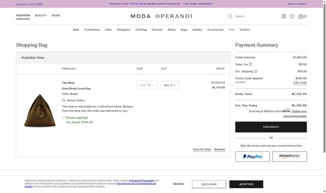 Moda Operandi checkout page showing Moda Operandi promo code box | Screenshot taken by SimplyCodes community member on Sep 11, 2025