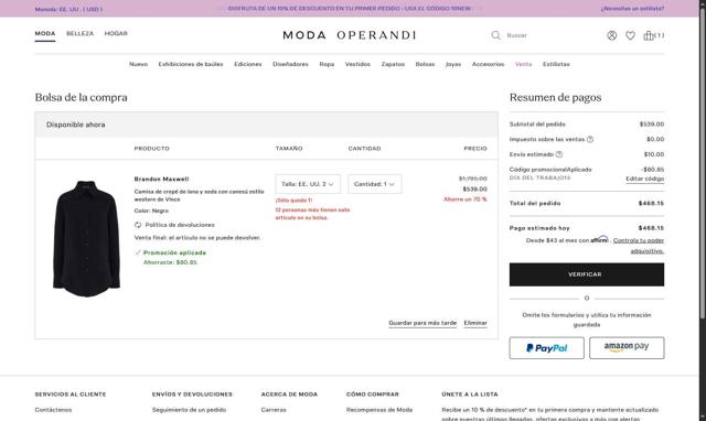 Moda Operandi checkout page showing Moda Operandi promo code box | Screenshot taken by SimplyCodes community member on Sep 1, 2025