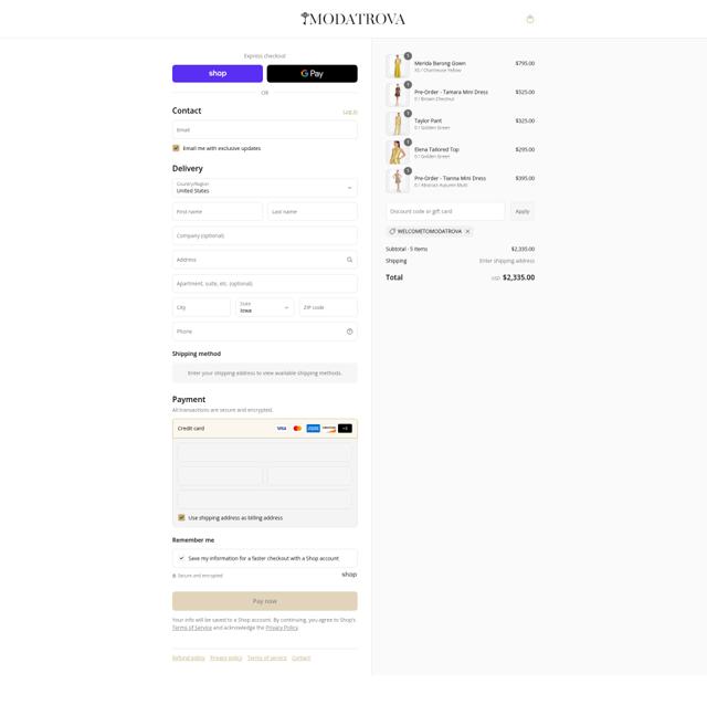 Modatrova checkout page showing Modatrova discount code box | Screenshot taken by SimplyCodes community member on Aug 31, 2025