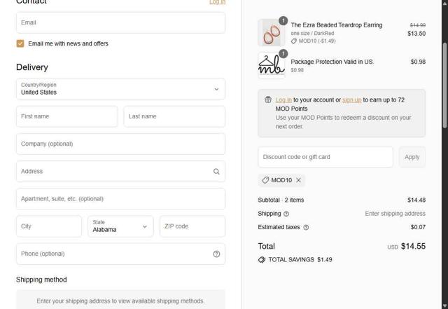 MOD Boutique checkout page showing MOD Boutique discount code box | Screenshot taken by SimplyCodes community member on Sep 9, 2025