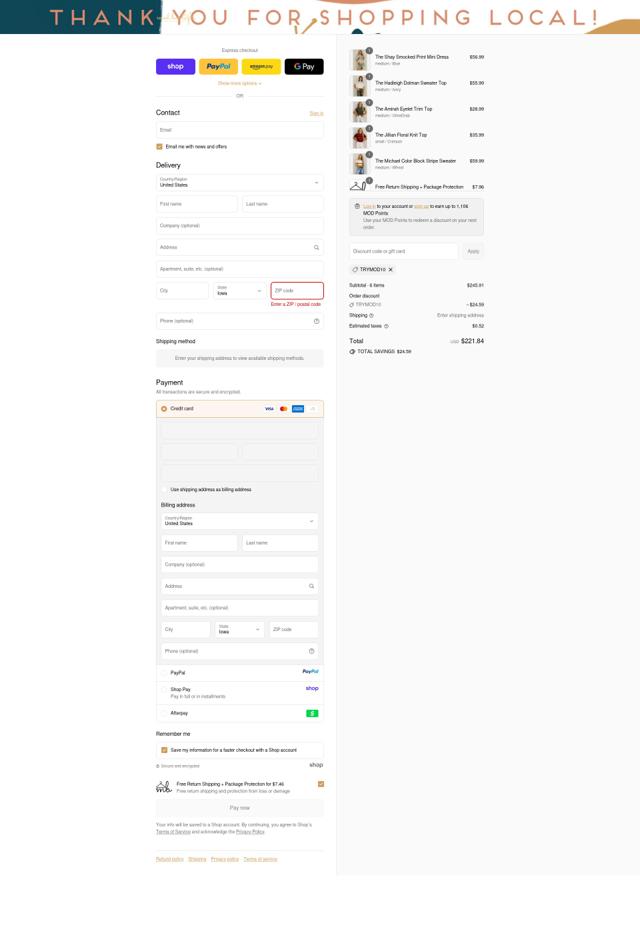 MOD Boutique checkout page showing MOD Boutique discount code box | Screenshot taken by SimplyCodes community member on Sep 12, 2025