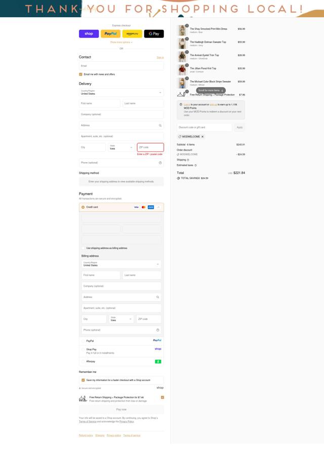 MOD Boutique checkout page showing MOD Boutique discount code box | Screenshot taken by SimplyCodes community member on Sep 12, 2025