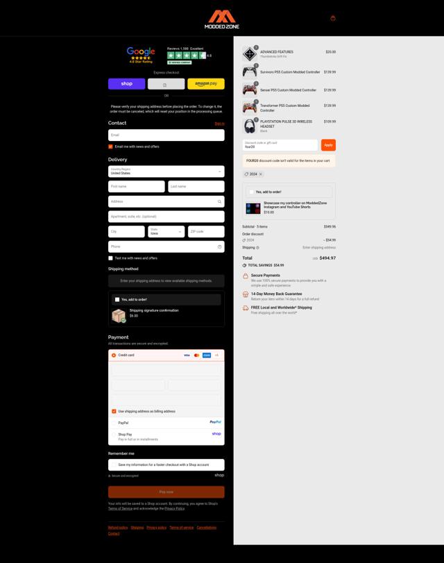 ModdedZone checkout page showing ModdedZone discount code box | Screenshot taken by SimplyCodes community member on Sep 10, 2025