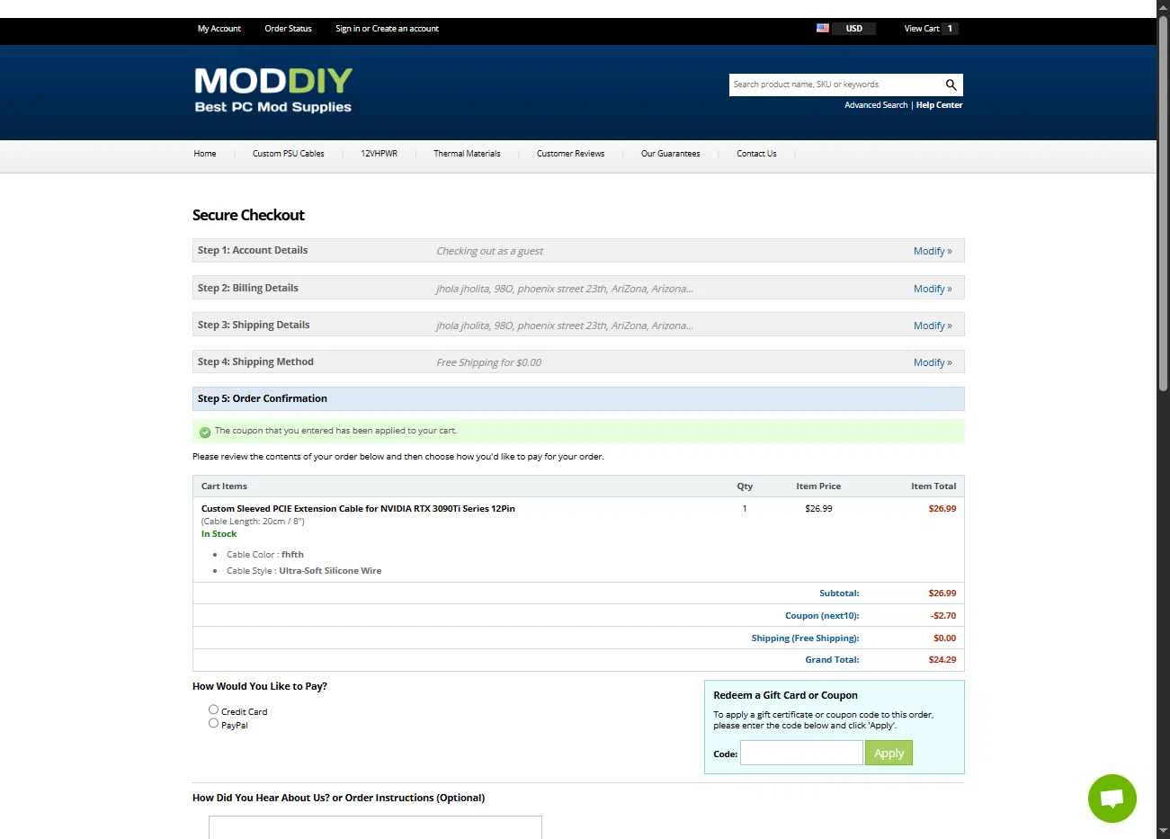 modDIY checkout page showing modDIY coupon code box | Screenshot taken by SimplyCodes community member on Aug 3, 2025