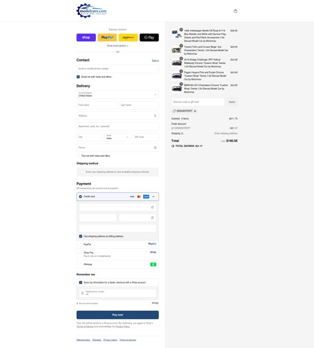 Model Cars checkout page showing Model Cars promo code box | Screenshot taken by SimplyCodes community member on Sep 15, 2025