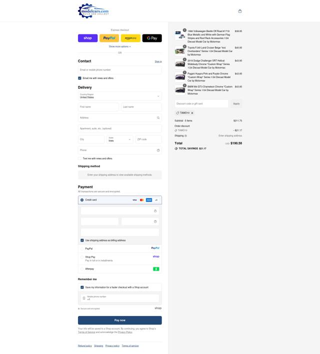 Model Cars checkout page showing Model Cars promo code box | Screenshot taken by SimplyCodes community member on Sep 15, 2025