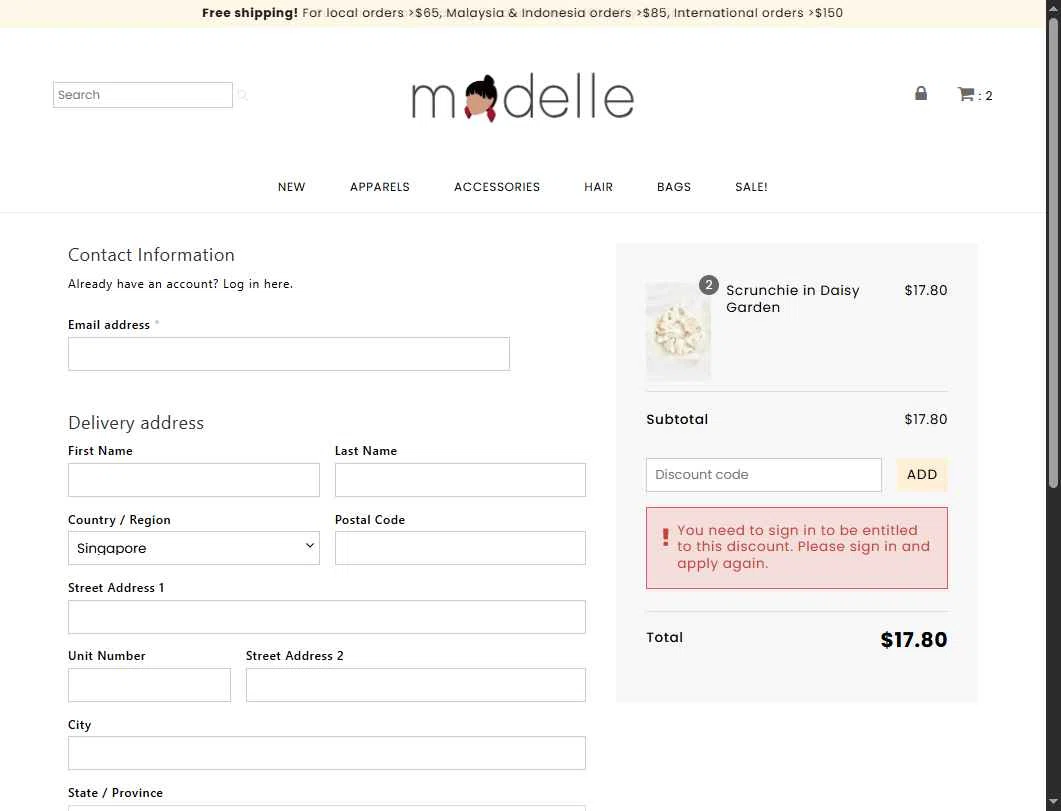 Modelle checkout page showing Modelle discount code box | Screenshot taken by SimplyCodes community member on May 15, 2025