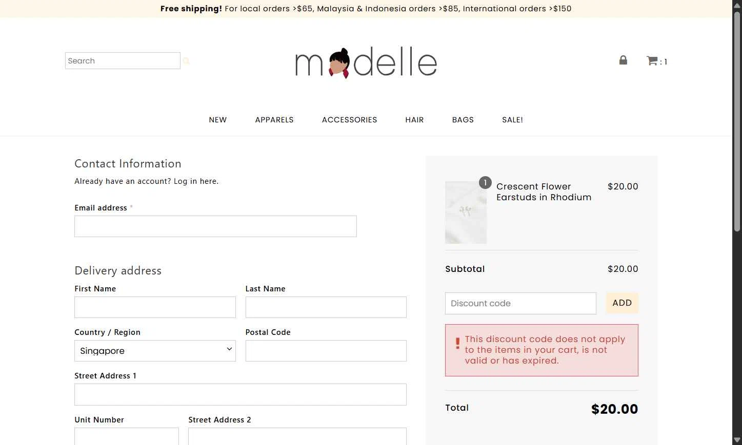 Modelle checkout page showing Modelle discount code box | Screenshot taken by SimplyCodes community member on Apr 18, 2025