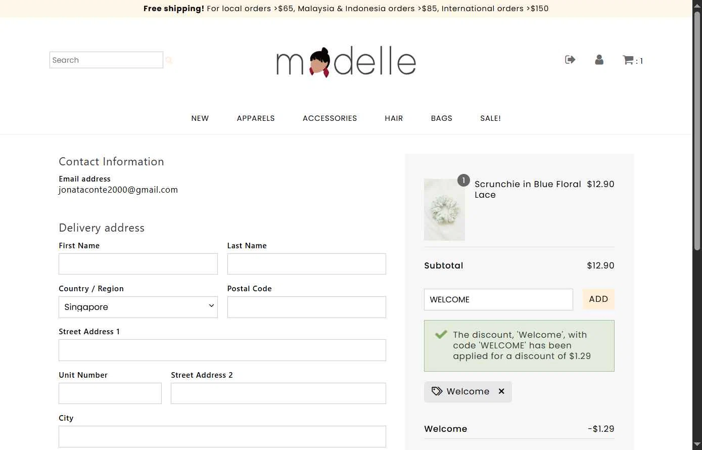 Modelle checkout page showing Modelle discount code box | Screenshot taken by SimplyCodes community member on May 12, 2025