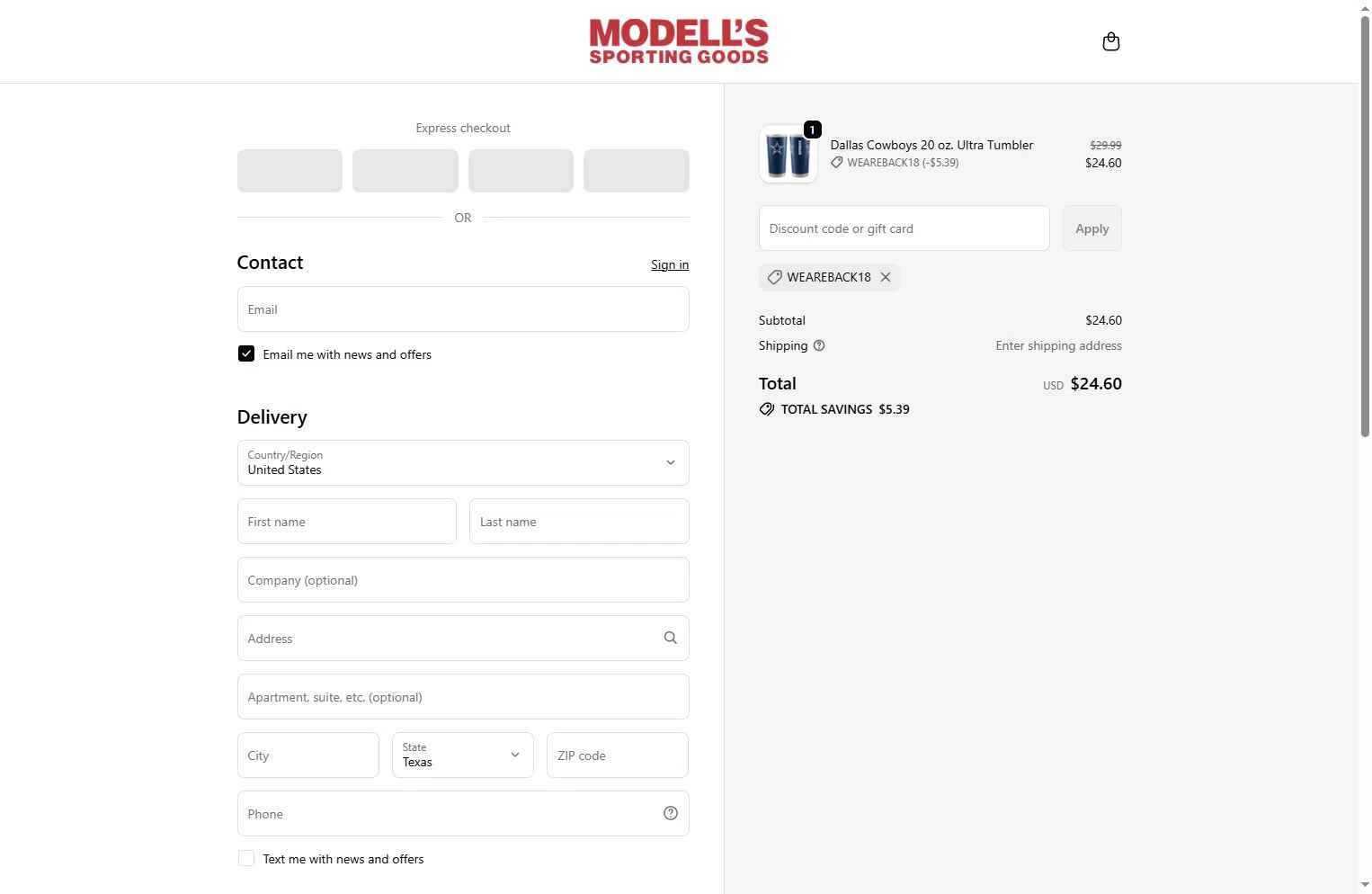 Modell's Sporting Goods checkout page showing Modell's Sporting Goods promo code box | Screenshot taken by SimplyCodes community member on Dec 13, 2025