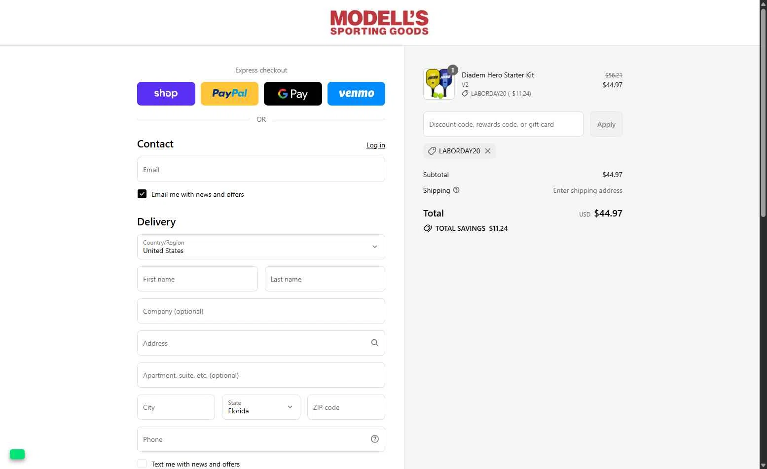 Modell's Sporting Goods checkout page showing Modell's Sporting Goods promo code box | Screenshot taken by SimplyCodes community member on Aug 29, 2025