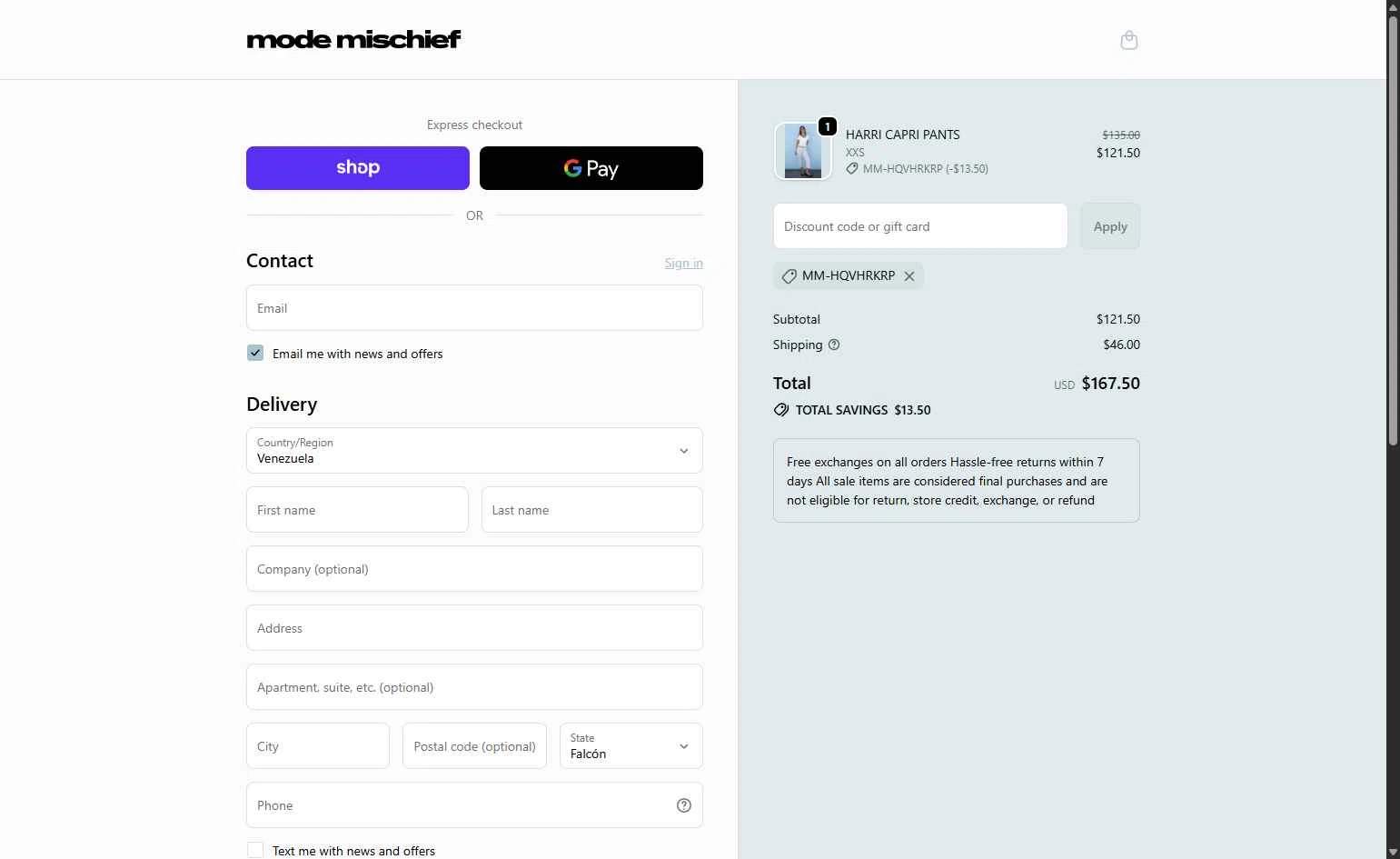 Mode Mischief Studios checkout page showing Mode Mischief Studios promo code box | Screenshot taken by SimplyCodes community member on Feb 14, 2026
