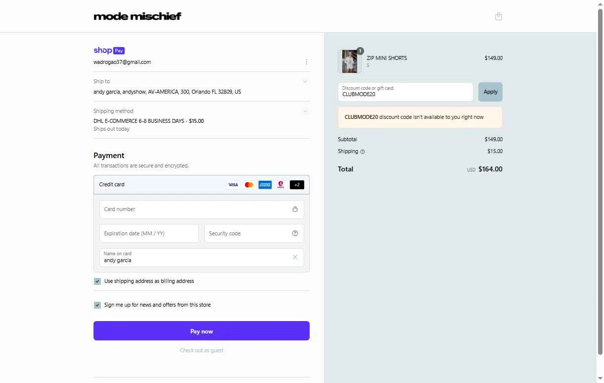 Mode Mischief Studios checkout page showing Mode Mischief Studios promo code box | Screenshot taken by SimplyCodes community member on May 16, 2025