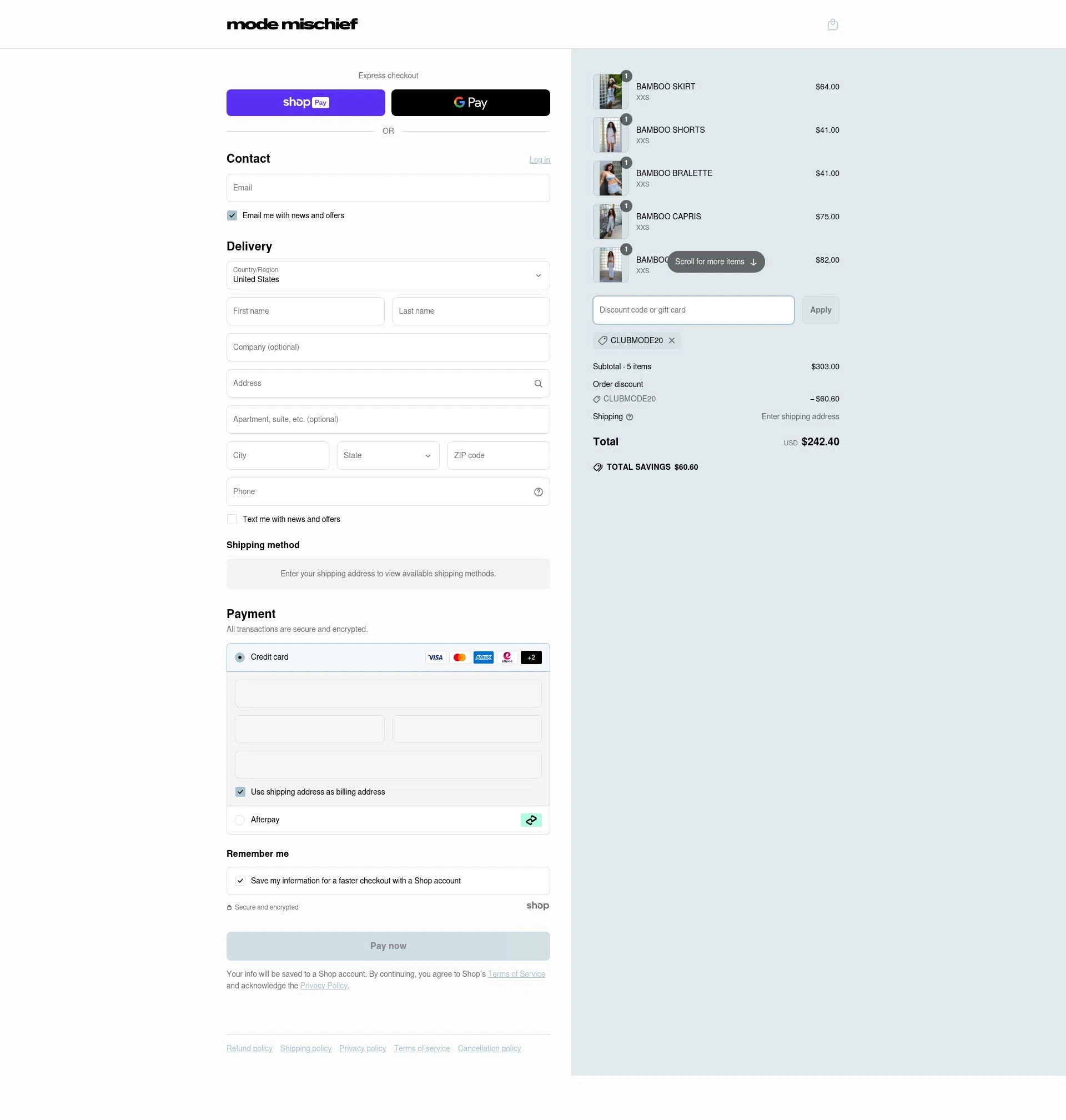Mode Mischief Studios checkout page showing Mode Mischief Studios promo code box | Screenshot taken by SimplyCodes community member on Apr 2, 2025