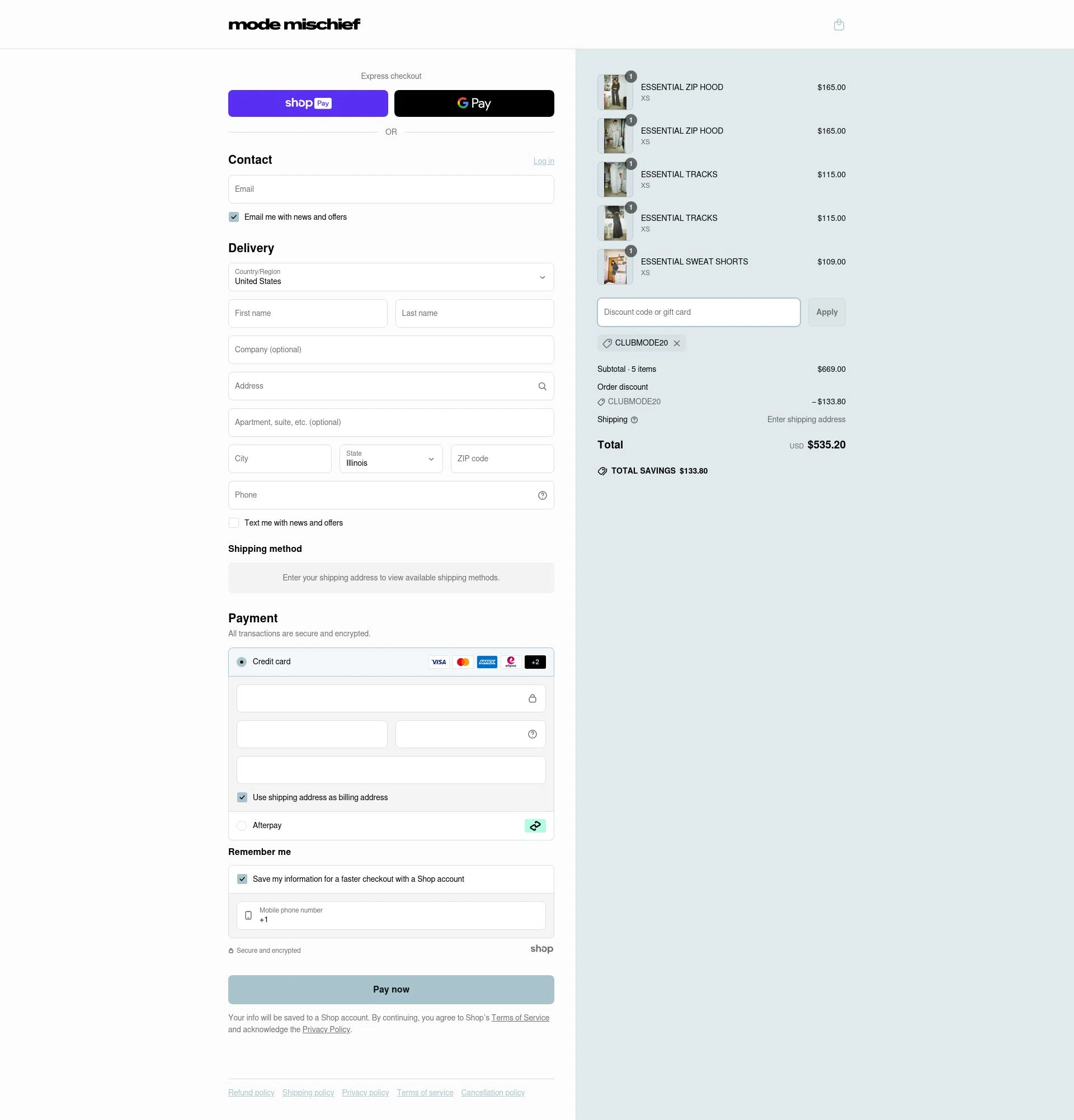 Mode Mischief Studios checkout page showing Mode Mischief Studios promo code box | Screenshot taken by SimplyCodes community member on May 22, 2025