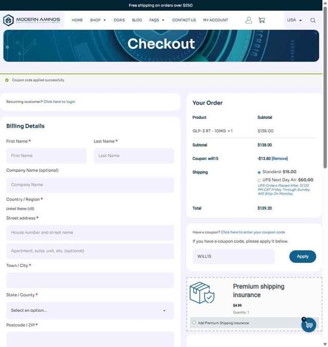 Modern Aminos checkout page showing Modern Aminos discount code box | Screenshot taken by SimplyCodes community member on Aug 24, 2025