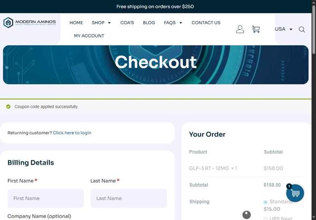 Modern Aminos checkout page showing Modern Aminos discount code box | Screenshot taken by SimplyCodes community member on Aug 6, 2025