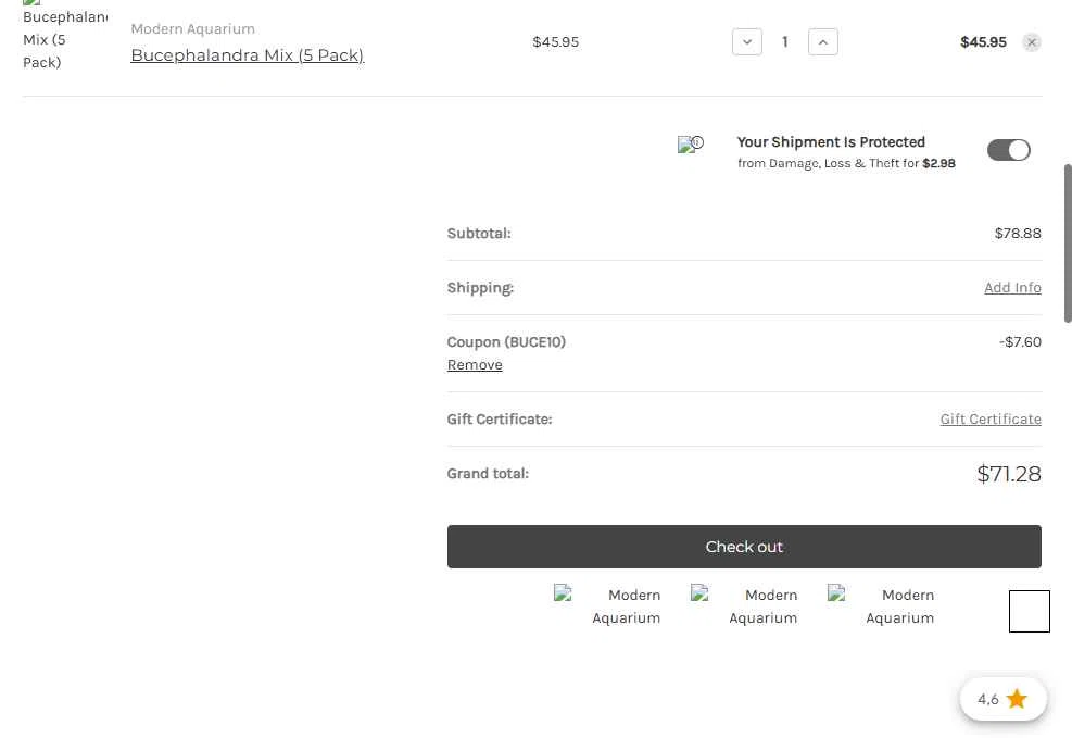 Modern Aquarium checkout page showing Modern Aquarium coupon code box | Screenshot taken by SimplyCodes community member on Jan 17, 2026