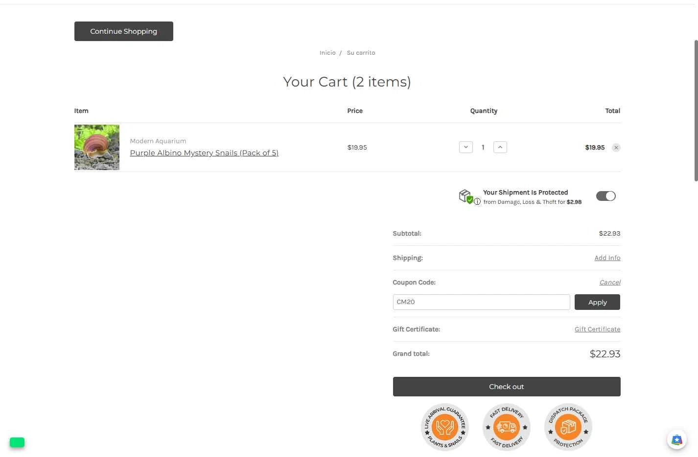 Modern Aquarium checkout page showing Modern Aquarium coupon code box | Screenshot taken by SimplyCodes community member on Dec 12, 2025
