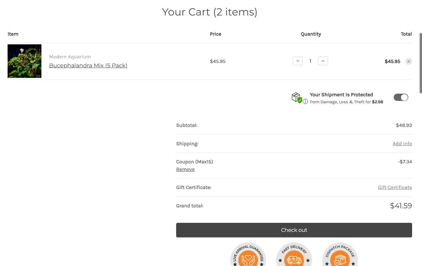 Modern Aquarium checkout page showing Modern Aquarium coupon code box | Screenshot taken by SimplyCodes community member on Nov 14, 2025