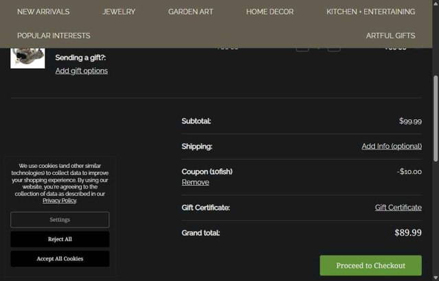 Modern Artisans checkout page showing Modern Artisans coupon code box | Screenshot taken by SimplyCodes community member on Sep 4, 2025