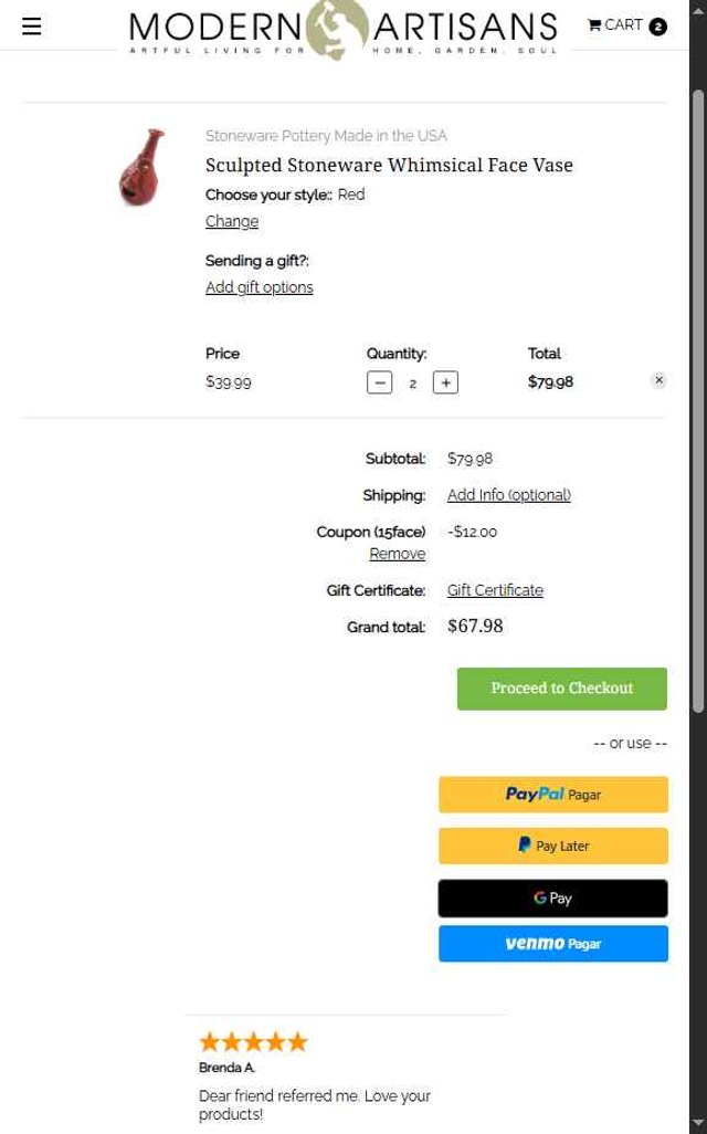 Modern Artisans checkout page showing Modern Artisans coupon code box | Screenshot taken by SimplyCodes community member on Aug 1, 2025