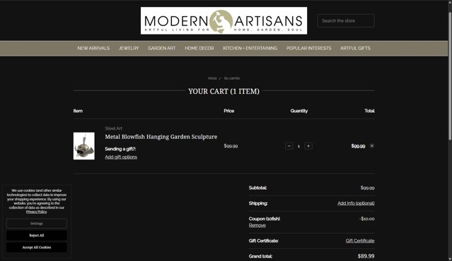 Modern Artisans checkout page showing Modern Artisans coupon code box | Screenshot taken by SimplyCodes community member on Aug 18, 2025