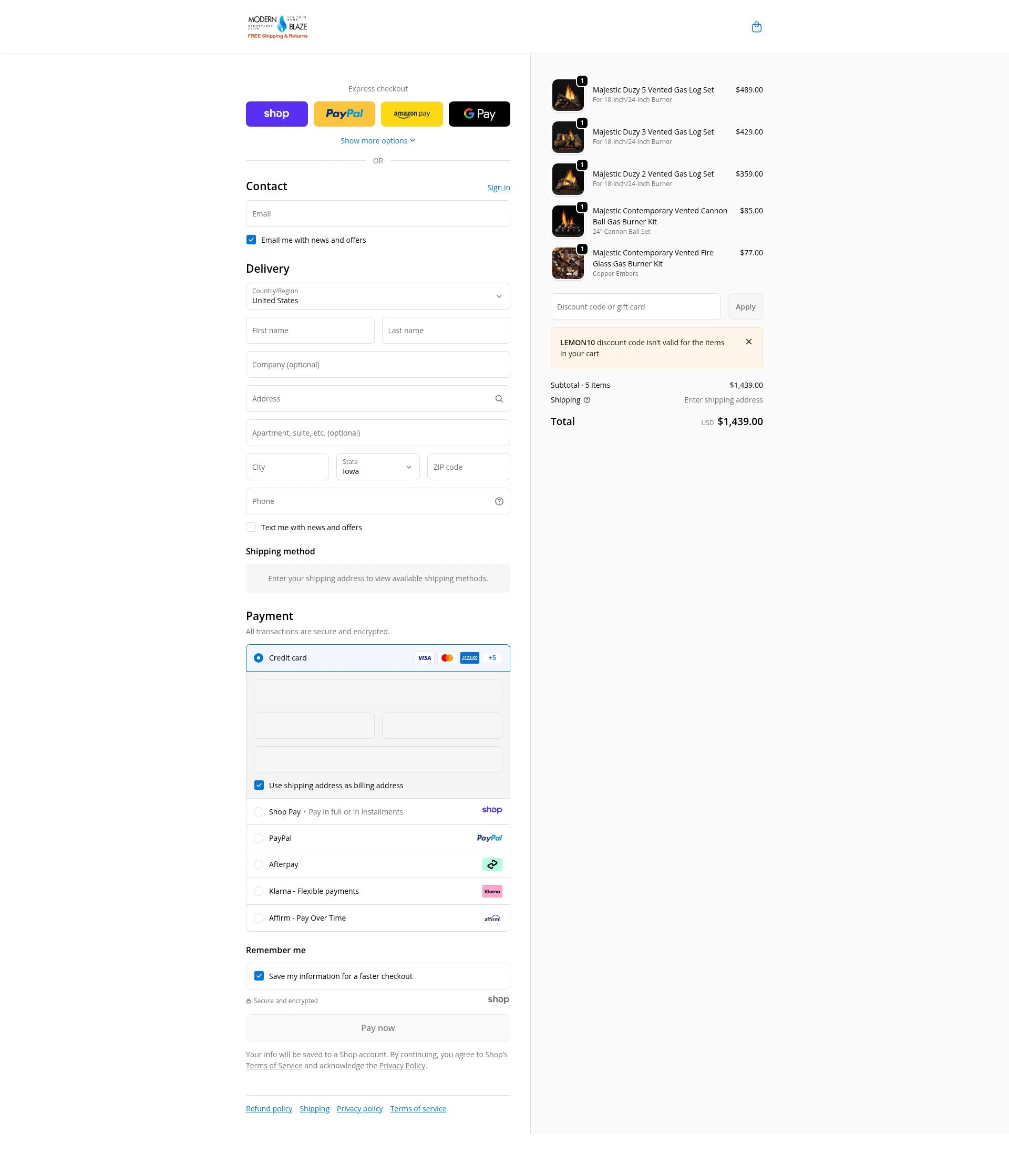 Modern Blaze checkout page showing Modern Blaze discount code box | Screenshot taken by SimplyCodes community member on Dec 30, 2025