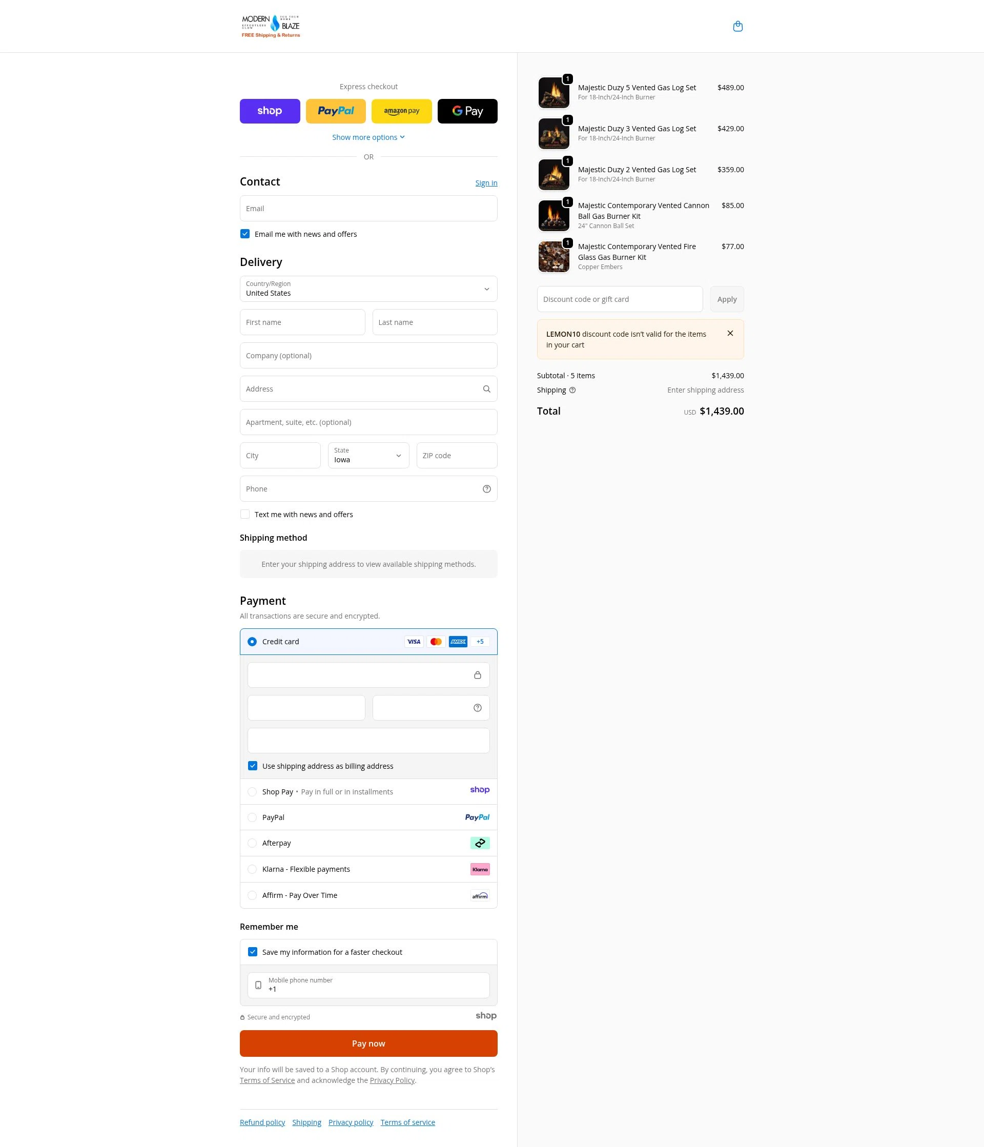 Modern Blaze checkout page showing Modern Blaze discount code box | Screenshot taken by SimplyCodes community member on Dec 25, 2025