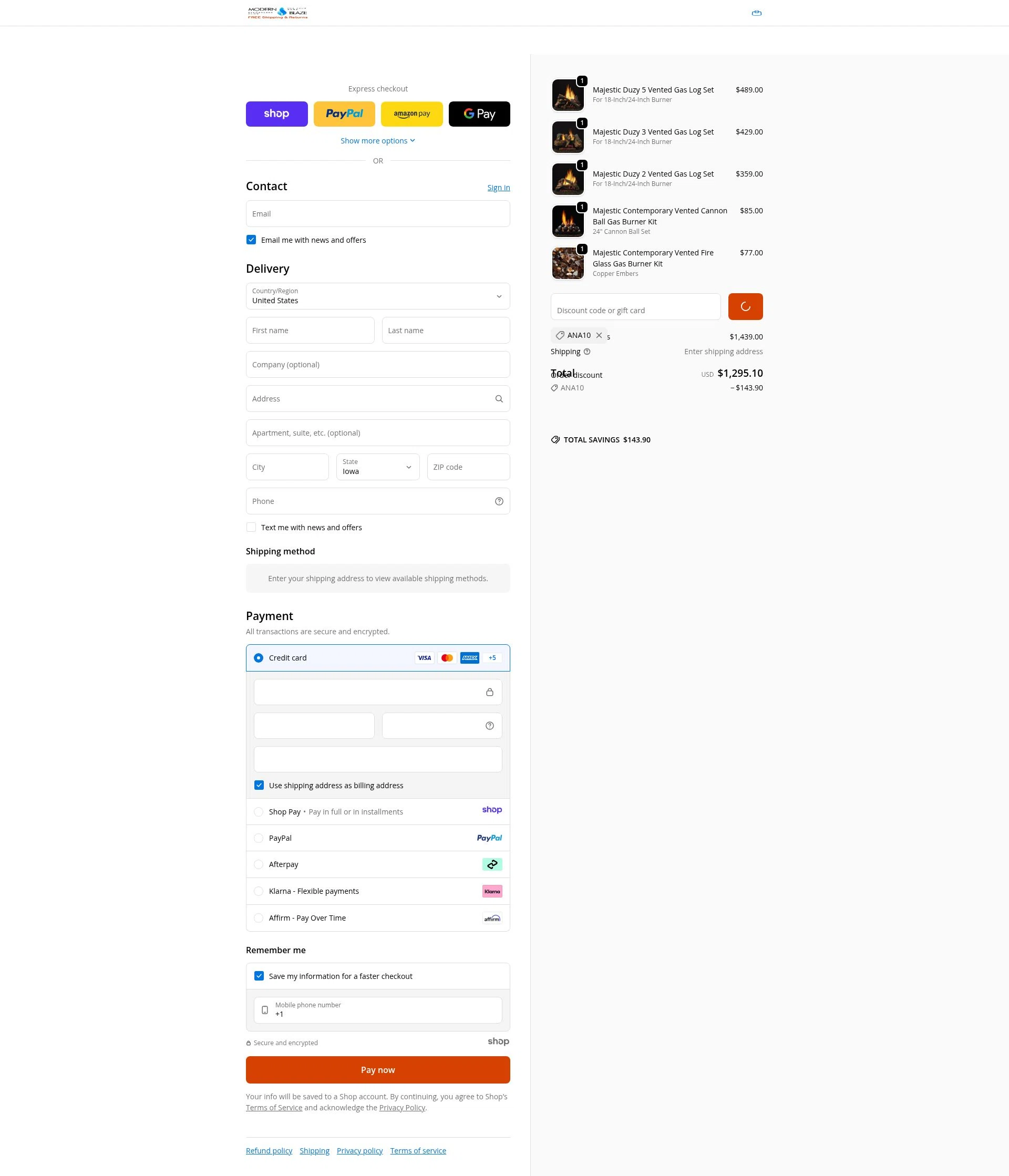 Modern Blaze checkout page showing Modern Blaze discount code box | Screenshot taken by SimplyCodes community member on Dec 30, 2025