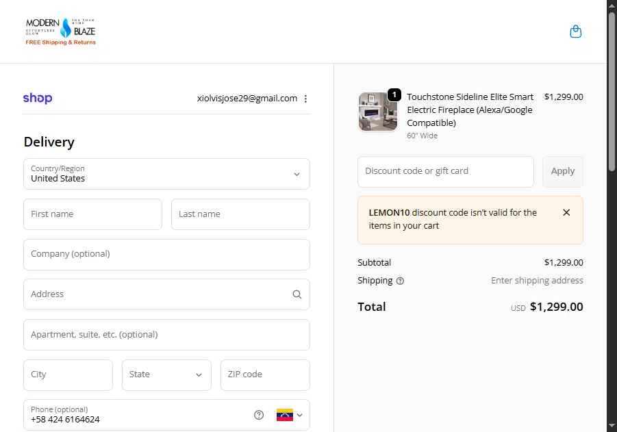 Modern Blaze checkout page showing Modern Blaze discount code box | Screenshot taken by SimplyCodes community member on Dec 19, 2025