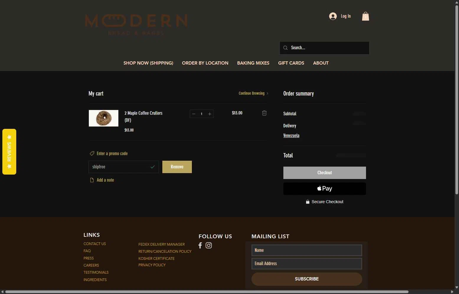 Modern Bread & Bagel checkout page showing Modern Bread & Bagel promo code box | Screenshot taken by SimplyCodes community member on Jan 21, 2026
