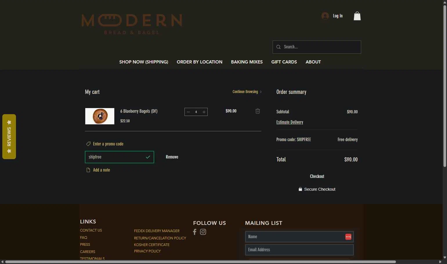 Modern Bread & Bagel checkout page showing Modern Bread & Bagel promo code box | Screenshot taken by SimplyCodes community member on Oct 25, 2025